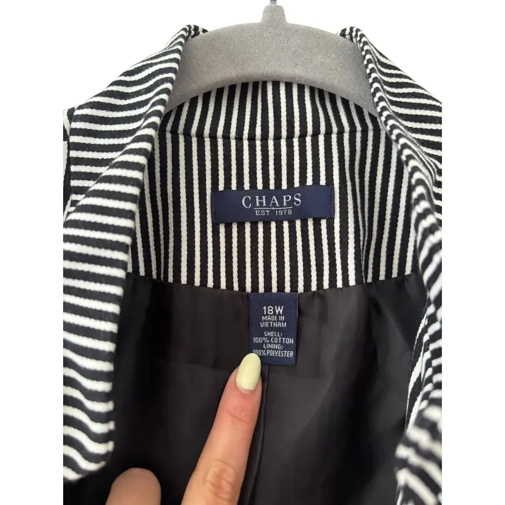 Chaps Womens 18W Black White Striped Cotton Blazer Jacket Plus Size Button - Picture 5 of 13
